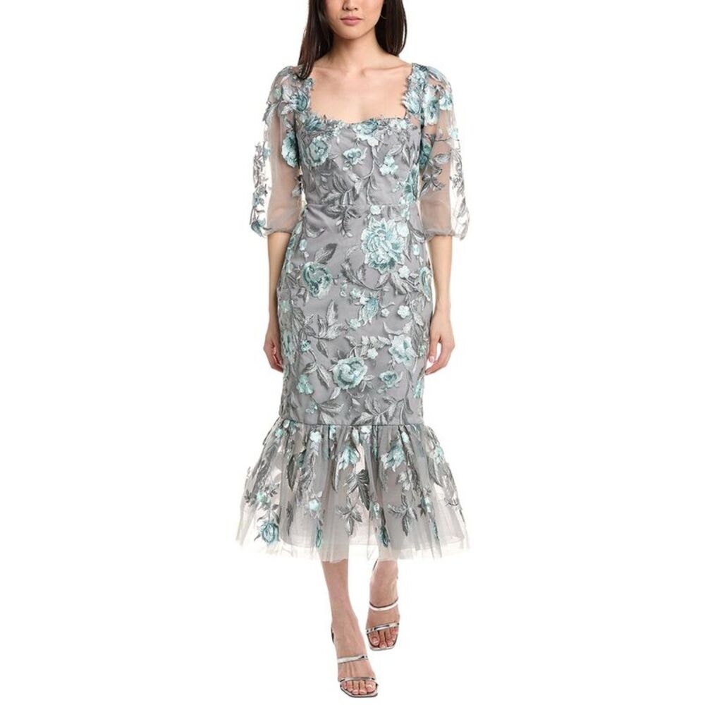 Marchesa Notte Womens  Puff Sleeve Midi Dress, Green
